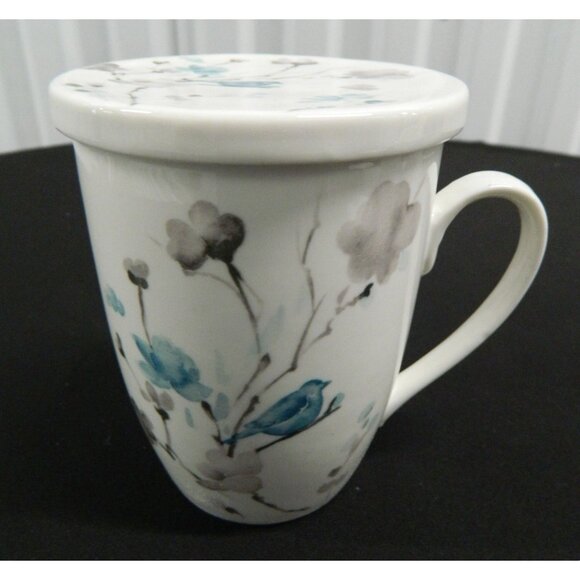 Novel Korea Ceramic Tea Infuser Mugs Lids & Strainers Floral Bird Design Set  2 - Picture 7 of 16